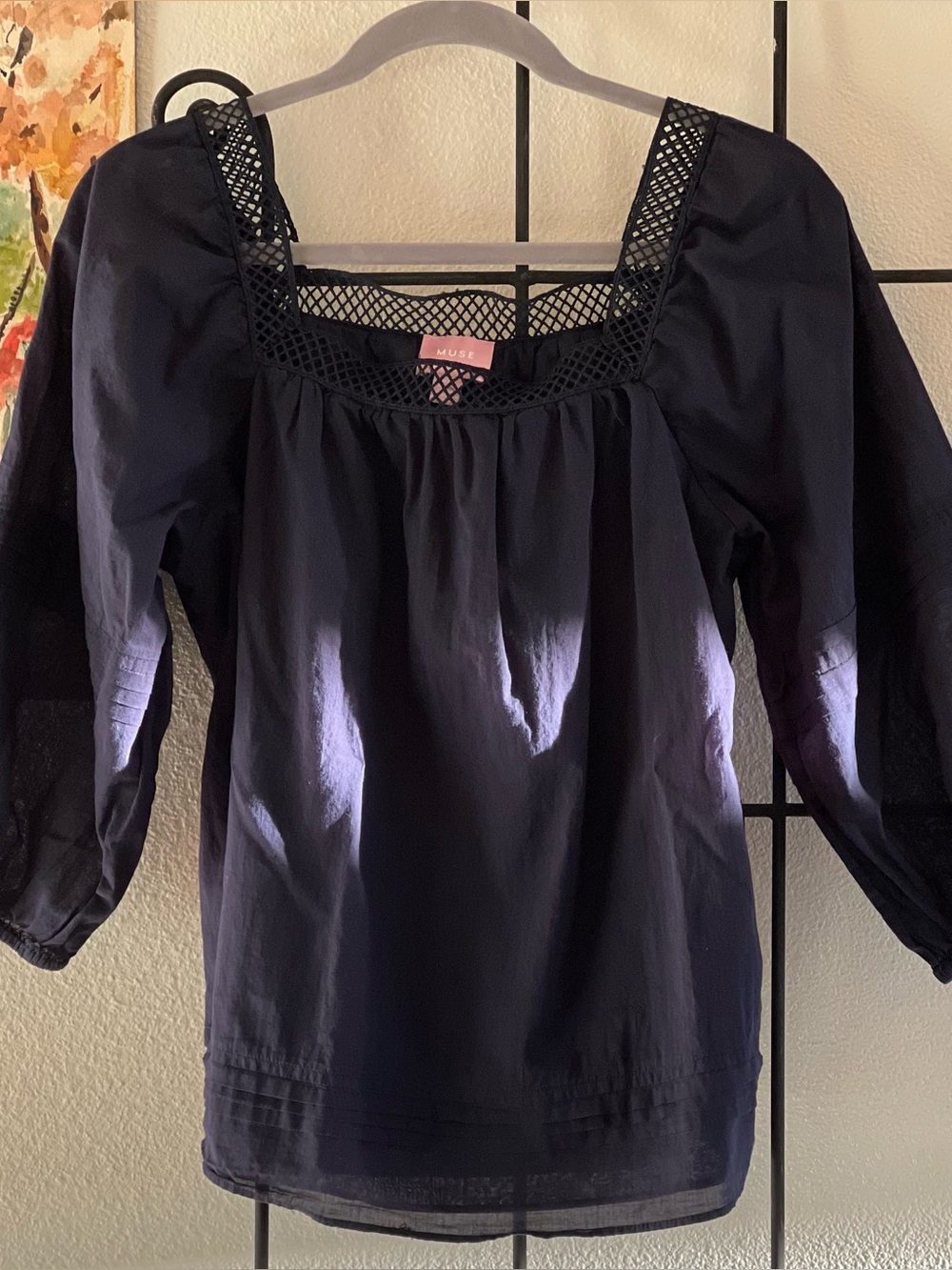 MUSE Sheer Boho Square Neck Crochet Trim Blouse 3/4 Sleeve Top Dark Navy Blue